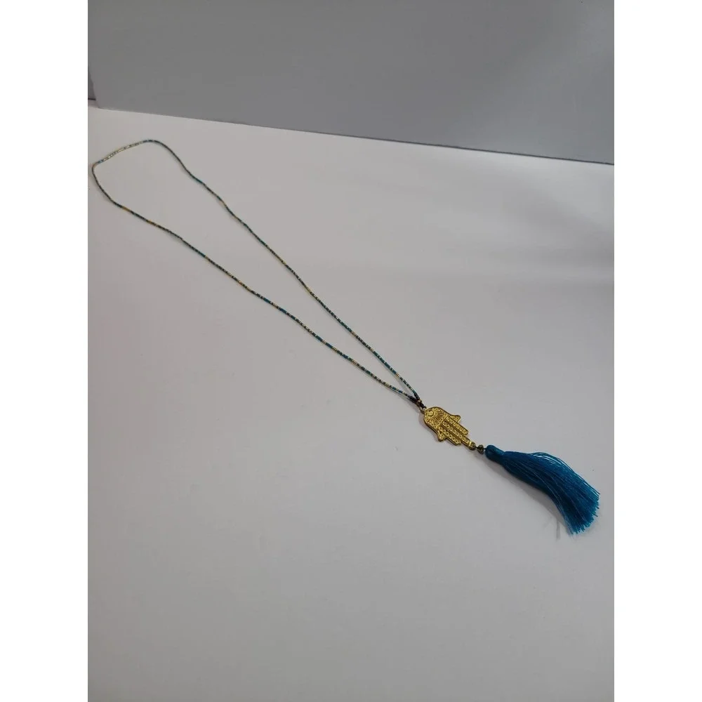 Gold Tone Hamsa Hand Blue Tassel Necklace Beaded Boho Evil Eye Protection